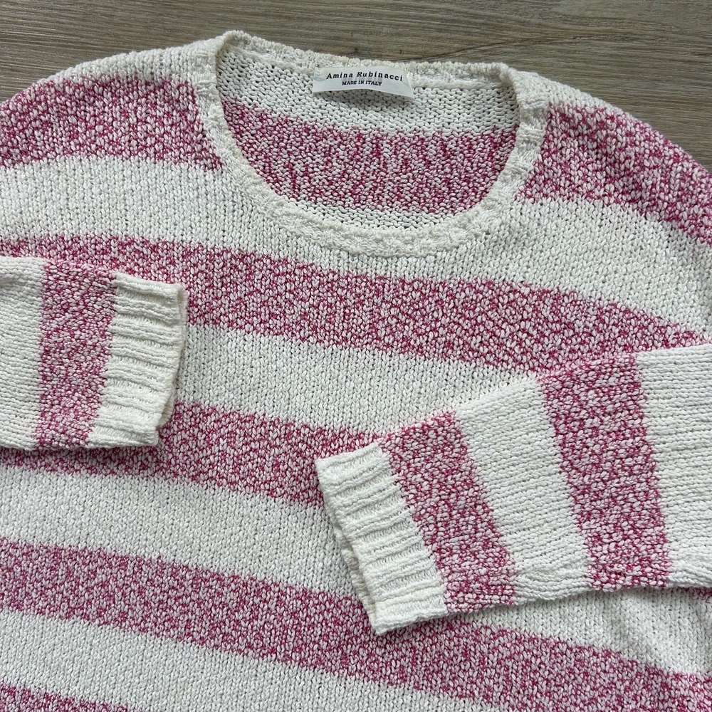 Amina Rubinacci Size XL 50 Knit Sweater Pink Stripe Made In Italy